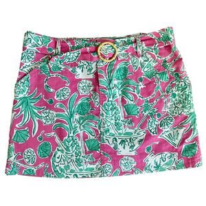 Lilly Pulitzer Originals Scorpion Bowl Faux Bamboo Belted Mini Skirt Pink Teal 4